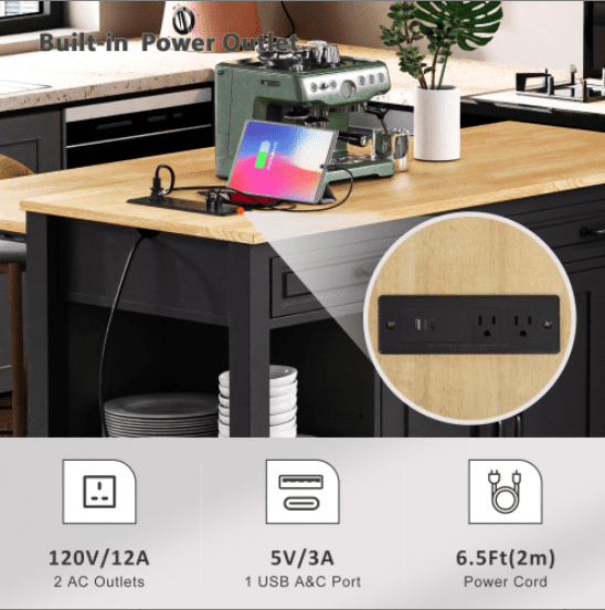 Euroco 47 inch Kitchen Island with Extendable Dining Table, Rubber Wood Veneer Kitchen Table with Internal Storage Rack