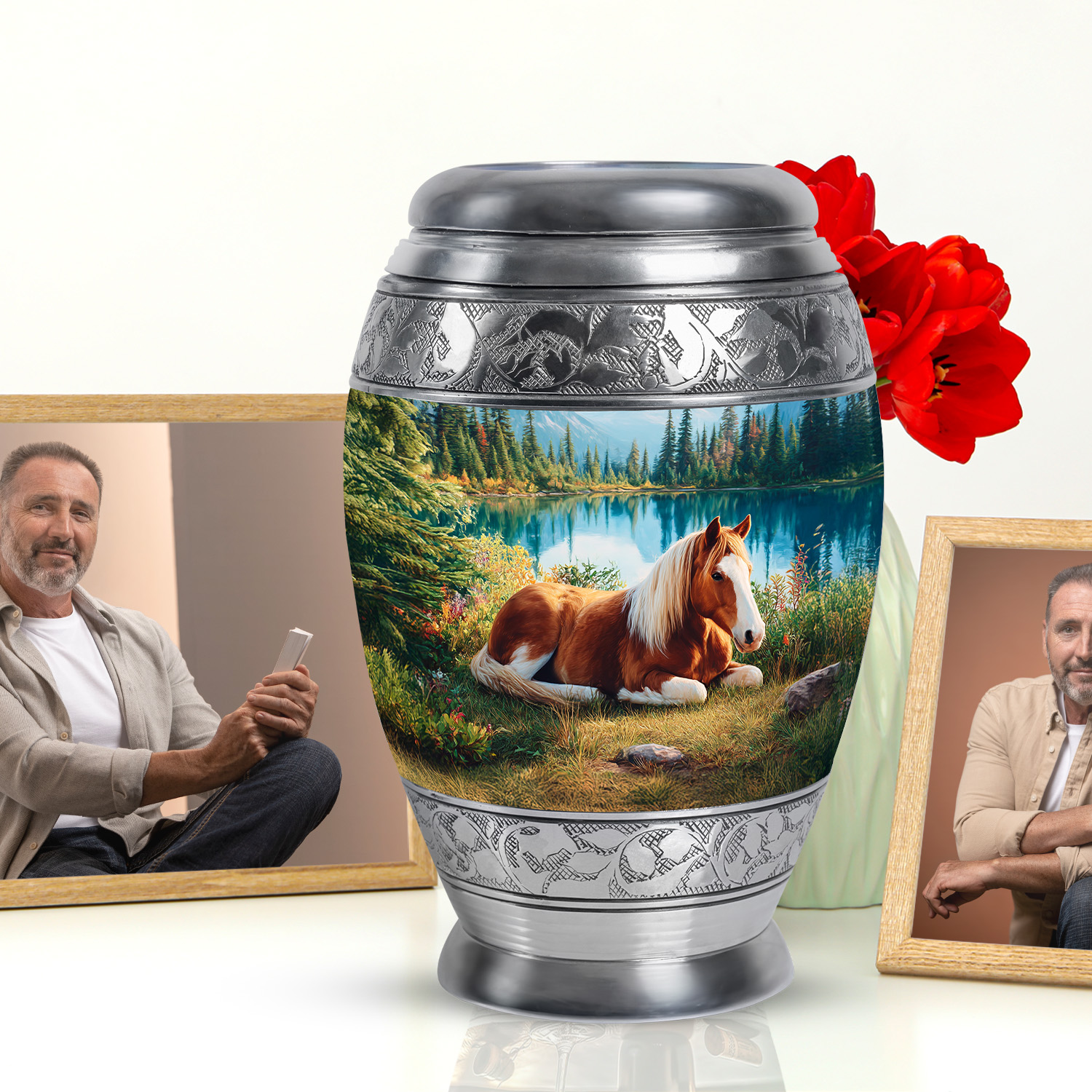 JAGASY Horse Large Cremation Urn for Ashes Adult Male, Blue Urns for Human Ashes Keepsake, Mountain Trees Decorative Urns for Friends, Brown Horse Memorial Urn for Boys & Girls, (10 Inch)