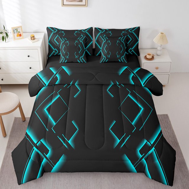 Erosebridal Neon Geometry Bedding Full Size, Abstract Checkered Bed in a Bag Full size, Stripe Room Decor, Reversible 7pcs
