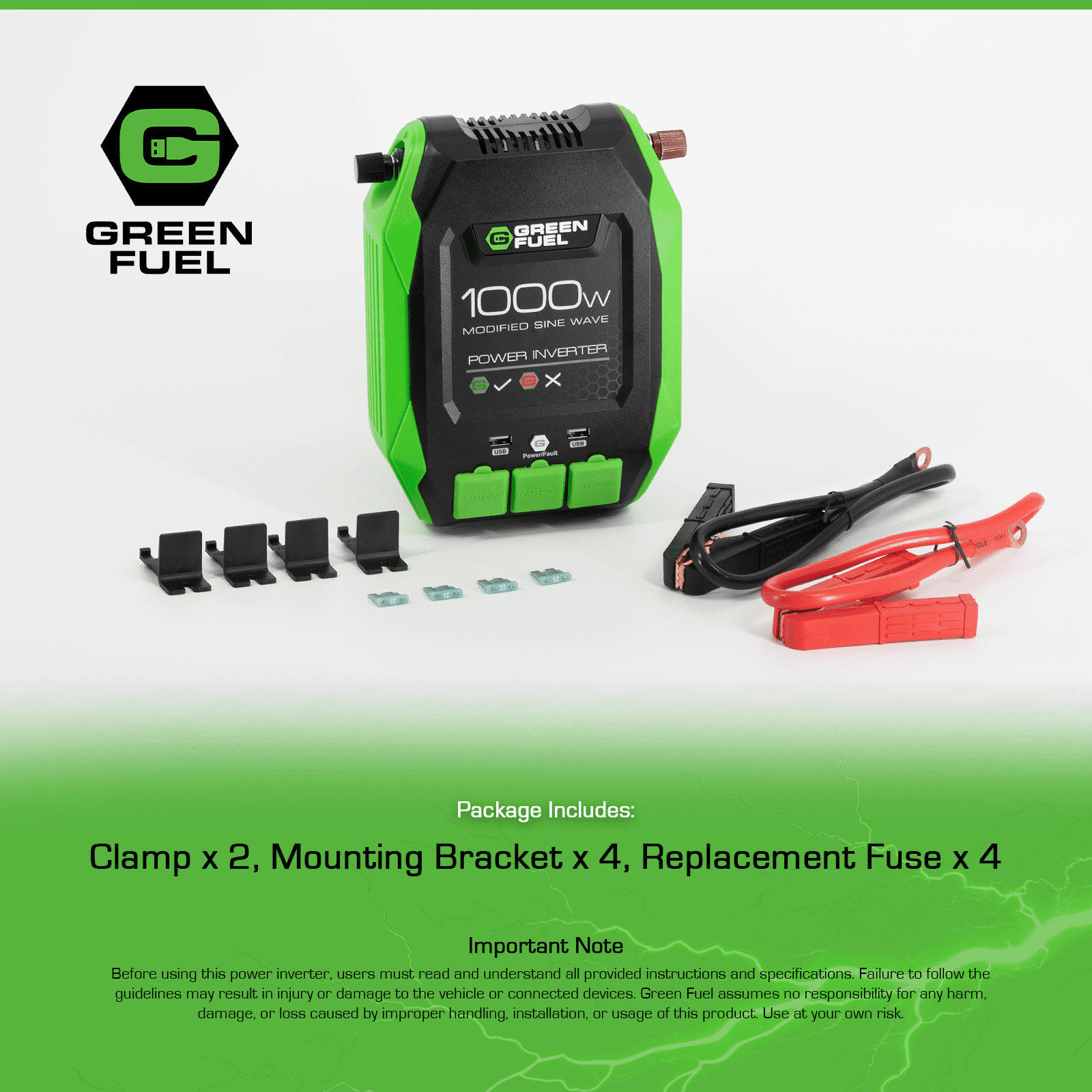 GREEN FUEL 1000W Power Inverter 2000W Peak w/DC 12V to 3X 120V AC, 2X 2.4Amp USB, Mounting Brackets and Clamps Included