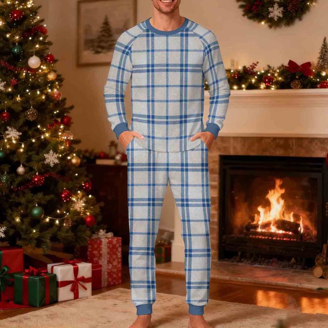 Pijama navideño para hombre, blusa y pantalones con estampado navideño a cuadros.