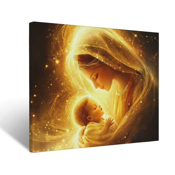 CozyNet Radiant Depiction Of Mary Holding Baby Jesus, Glowing Warmth & Love Surrounding Them Wall Art Prints With Frame Canvas Perfect for Living Room & Bedroom, Ready to Hang, Wall Decor 12"x16"