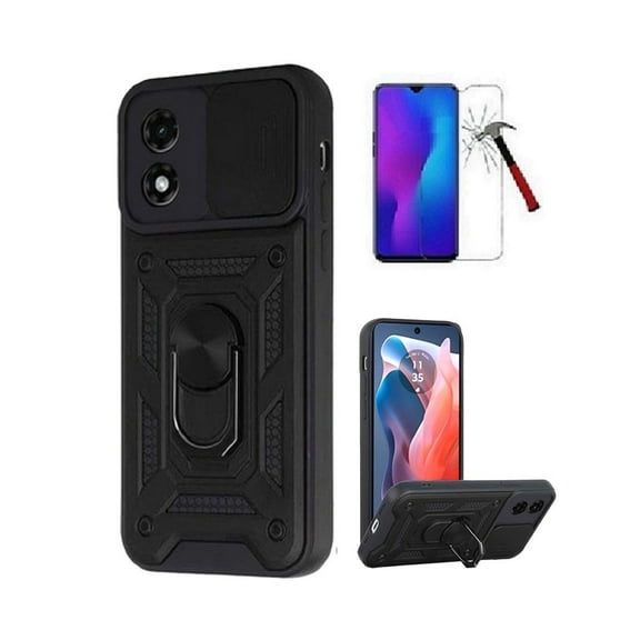 Phone Case for Motorola Moto G Play 2024, [Built in Slide Camera Cover] Ring Kickstand Case Cover   Tempered Glass (Black)