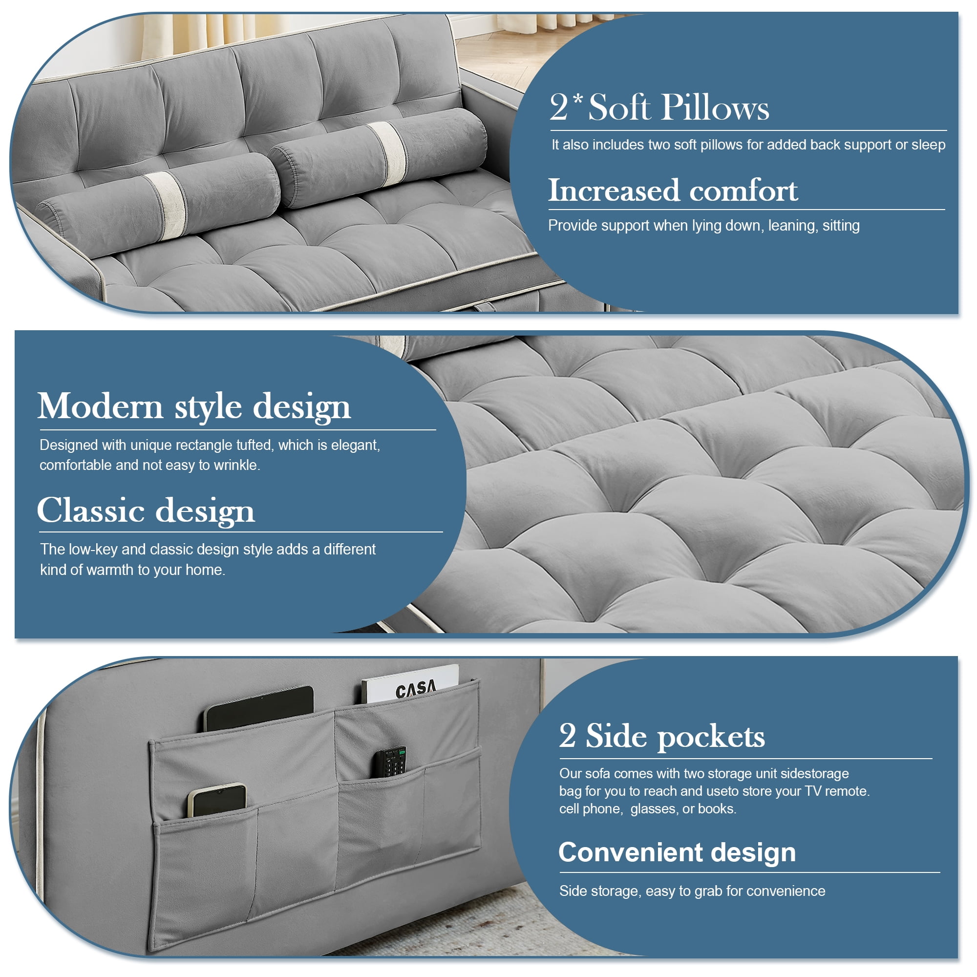 Muumblus 55.5" Pull Out Sofa Bed 2 Seater Loveseats Sleeper Convertible Futon Sofa Bed with Adjsutable Backrest, Modern Adult Velvet Sofa Couch for Living Room, Gray