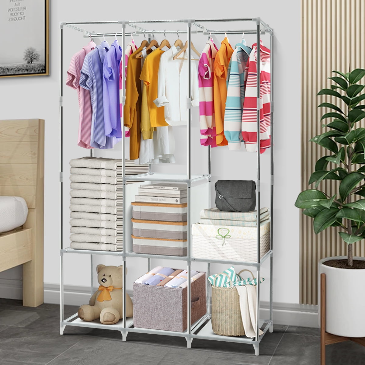 Portable Closet with 3 Hanging Rod Closet Organizer Clothes Rack with 7 Shelves, 65*41 Inch Portable Wardrobe with Waterproof Cover Clothes Storage Organizer for Bedroom Closet