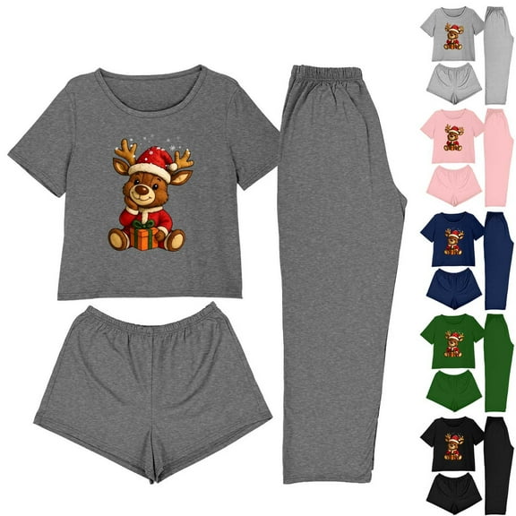 Dianli 3 Piece Pajama Set Loungewear Women's Short Sleeve Top Shorts And Pants Set Comfortable Cotton Blend Soft Breathable Casual Homewear Sleepwear Gift Set
