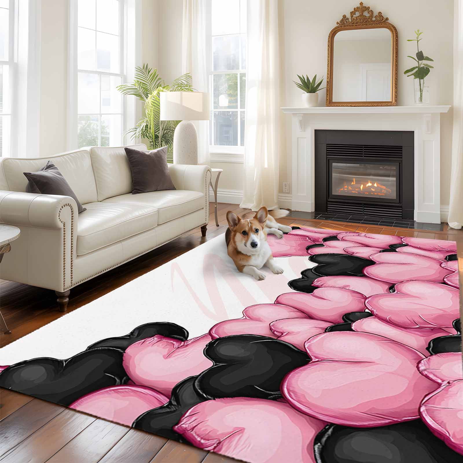 Rectangle Area Rugs 6 x 9 Ft, Valentine's Day Non-Slip Residential Carpet, Romantic Love Heart Ballons Pink and Black Indoor Crawling Mats Runner Rugs for Living Room/Dining Room/Bedroom