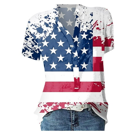 

Alrise 4th of July Patriotic Shirts for Women V-Neck Short-Sleeved Shirt Pullover Loose Blouse Tops Dark Blue 3XL
