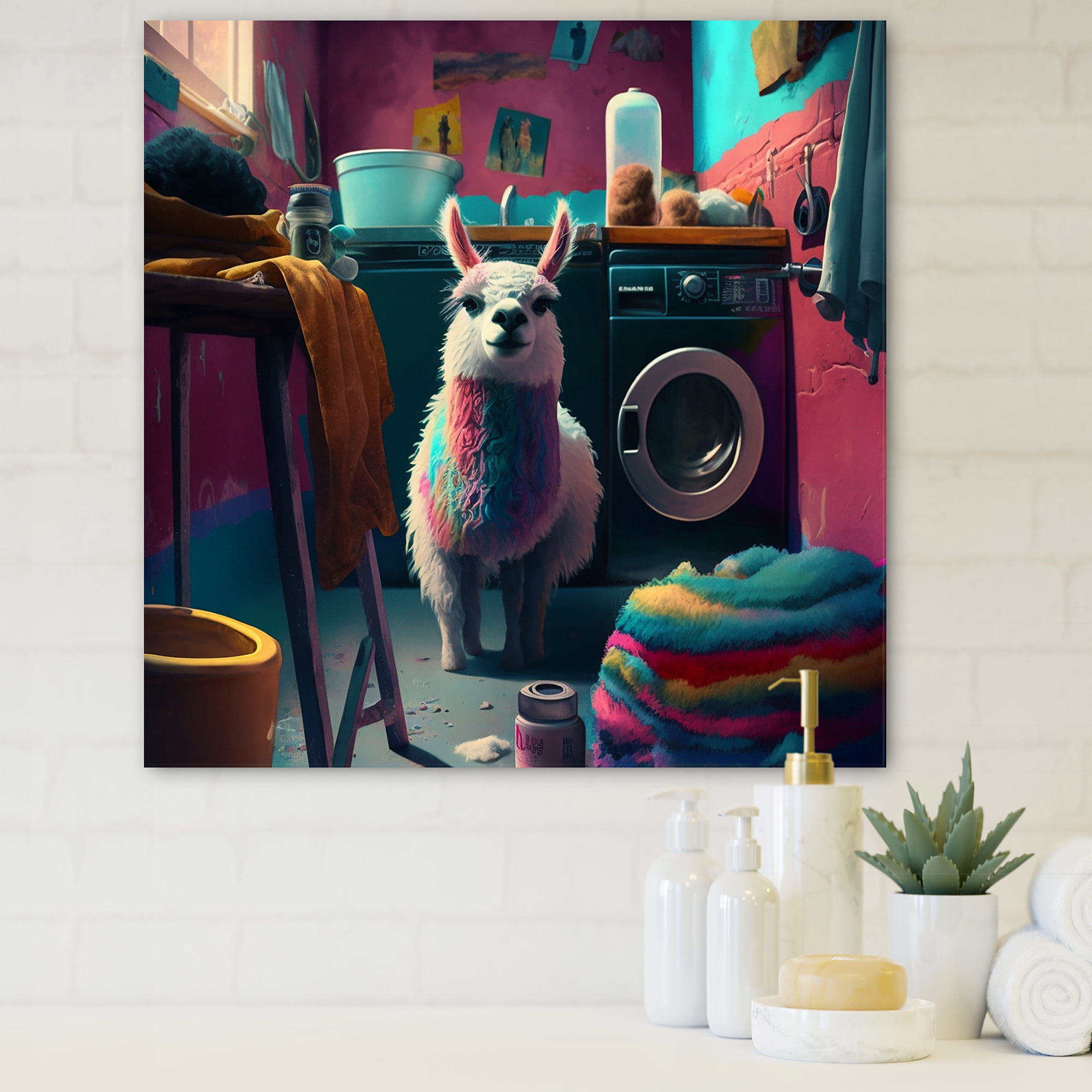Designart Funny Llama In Laundry I Canvas Wall Art
