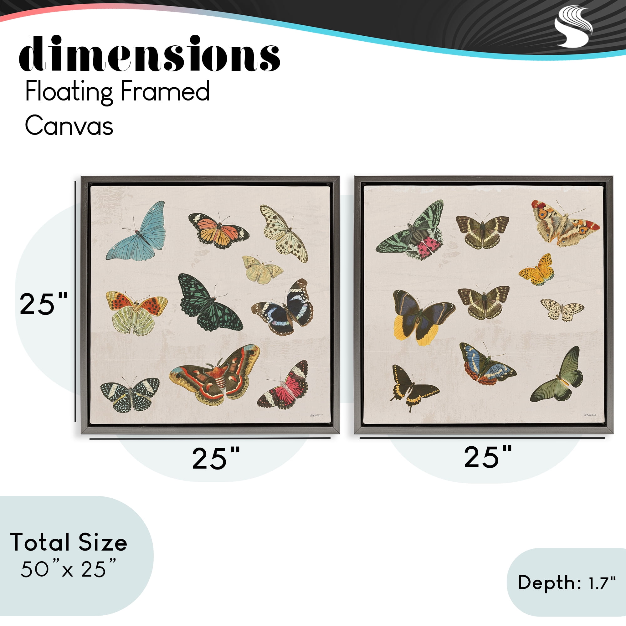 Stupell Industries Collection of Vintage Butterflies 2 Piece Gray Framed Floater Canvas Set, design by Dan Meneely