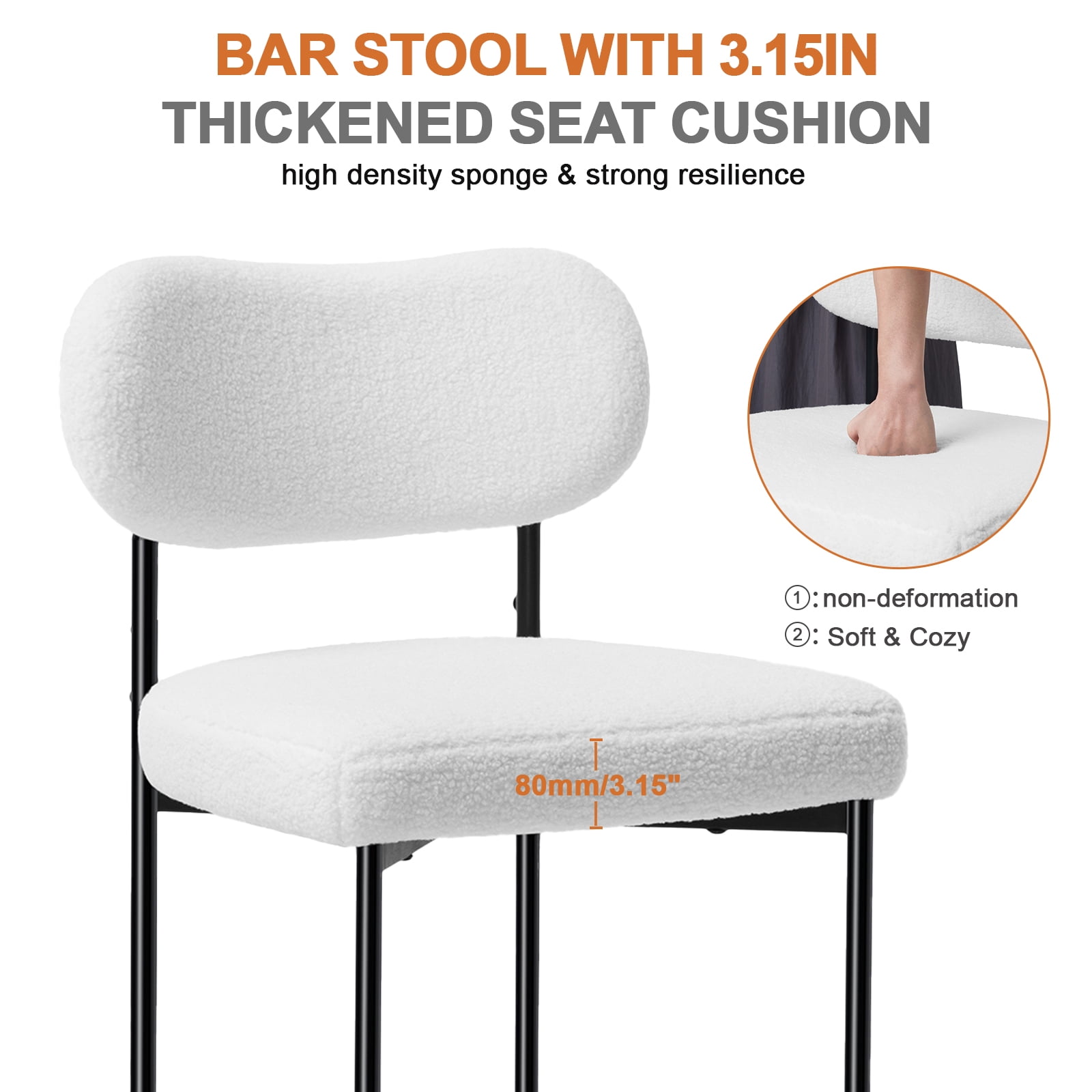 Hommpa Bar Stools Set of 2 with Back & Footrest 26" Counter Height Barstools Boucle Bar Chairs Modern Pub Chairs White Plush for Kitchen Island Bistro Coffee Shop Mid Back