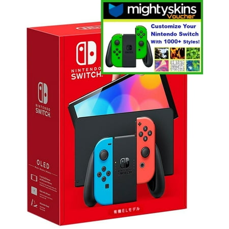 Nintendo Switch OLED Model w/ Neon Red & Neon Blue Joy-Con With MIGHTYSKINS Custom Console & Controller Skin Voucher - Limited Bundle - Import with US Plug