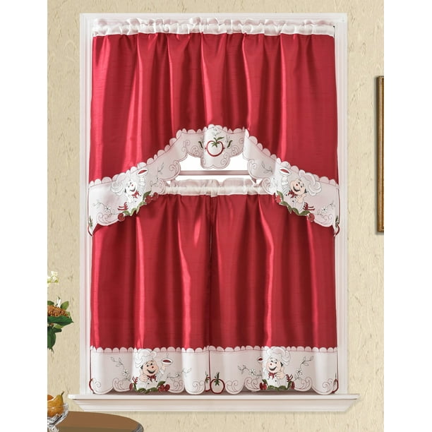 3pc Rod Pocket Embroidered Kitchen Curtains And Valances Set Swag Tier 36 Inch Length Chef Cook Baker Cherry Red Pie Com 3pc Rod Pocket Embroidered Kitchen, 36 Inch Length Kitchen Curtains