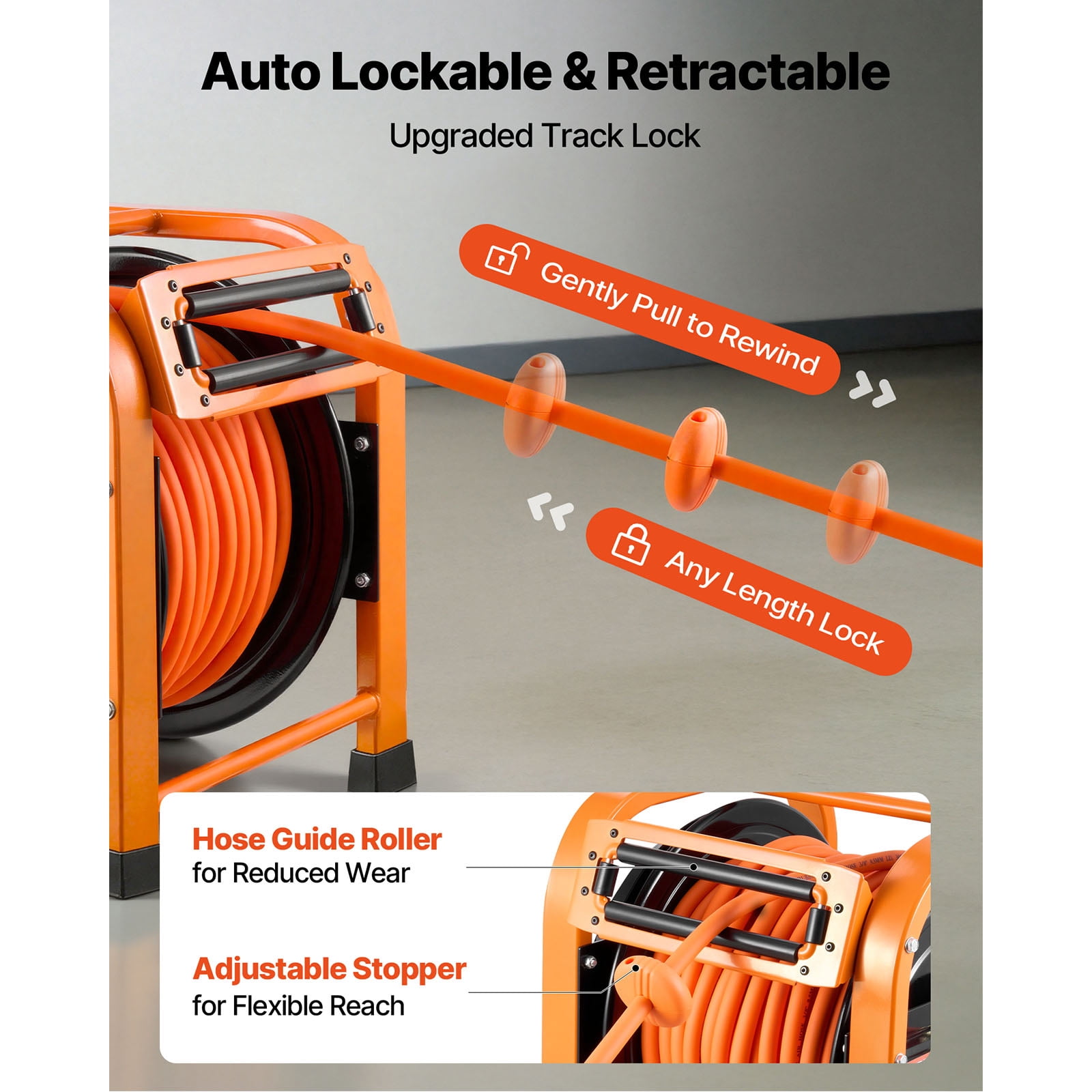 KFFKFF Retractable Air Hose Reel, 3/8 Inch x 100 FT PVC Air Hose, 300 PSI Max, Automatic Rewind with 5 ft Lead-In, Durable Steel Frame for Garages and Workshops
