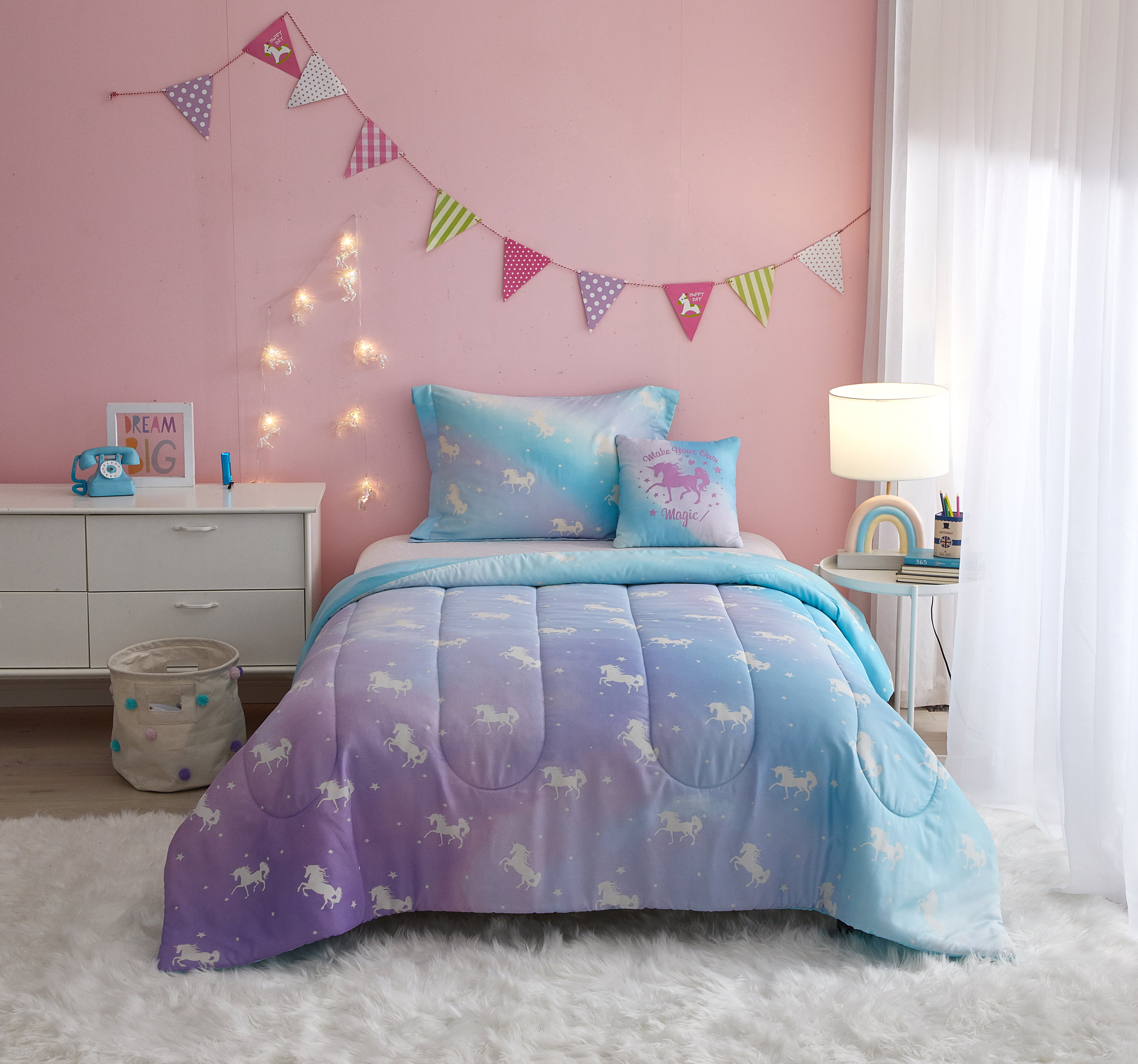 Your Zone Rainbow Unicorn Piece Glow In the Dark Comforter Set with Bonus  String Light, Full