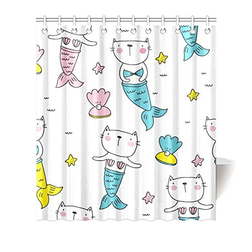 MKHERT Funny Mermaid Cat Cute Kittens Decor Waterproof Polyester Bathroom Shower Curtain 66x72 inch