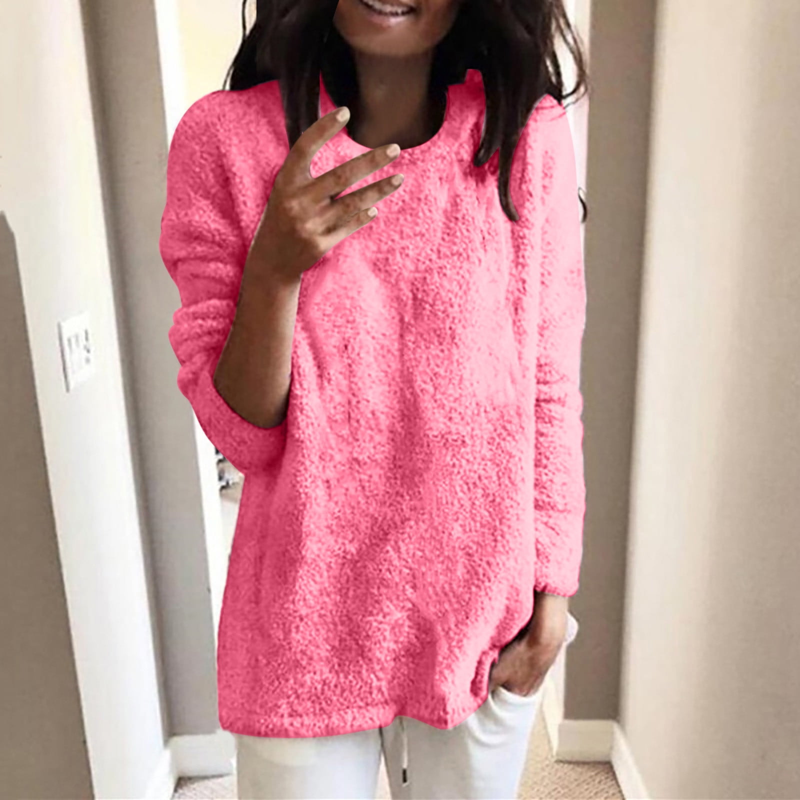 zanvin Womens Fleece Blouse Long Sleeve Pullover Fuzzy Sweatshirt Warm Outwear Lightweight Round Neck Tunic S XXL Hot Pink XXXXL