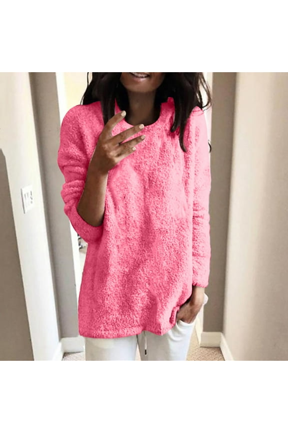 Fuzzy Fleece Pullover Tops for Women Long Sleeve Crew Neck Loose Fit Sweater Shirts Plus Size Warm Winter Soft Pullover