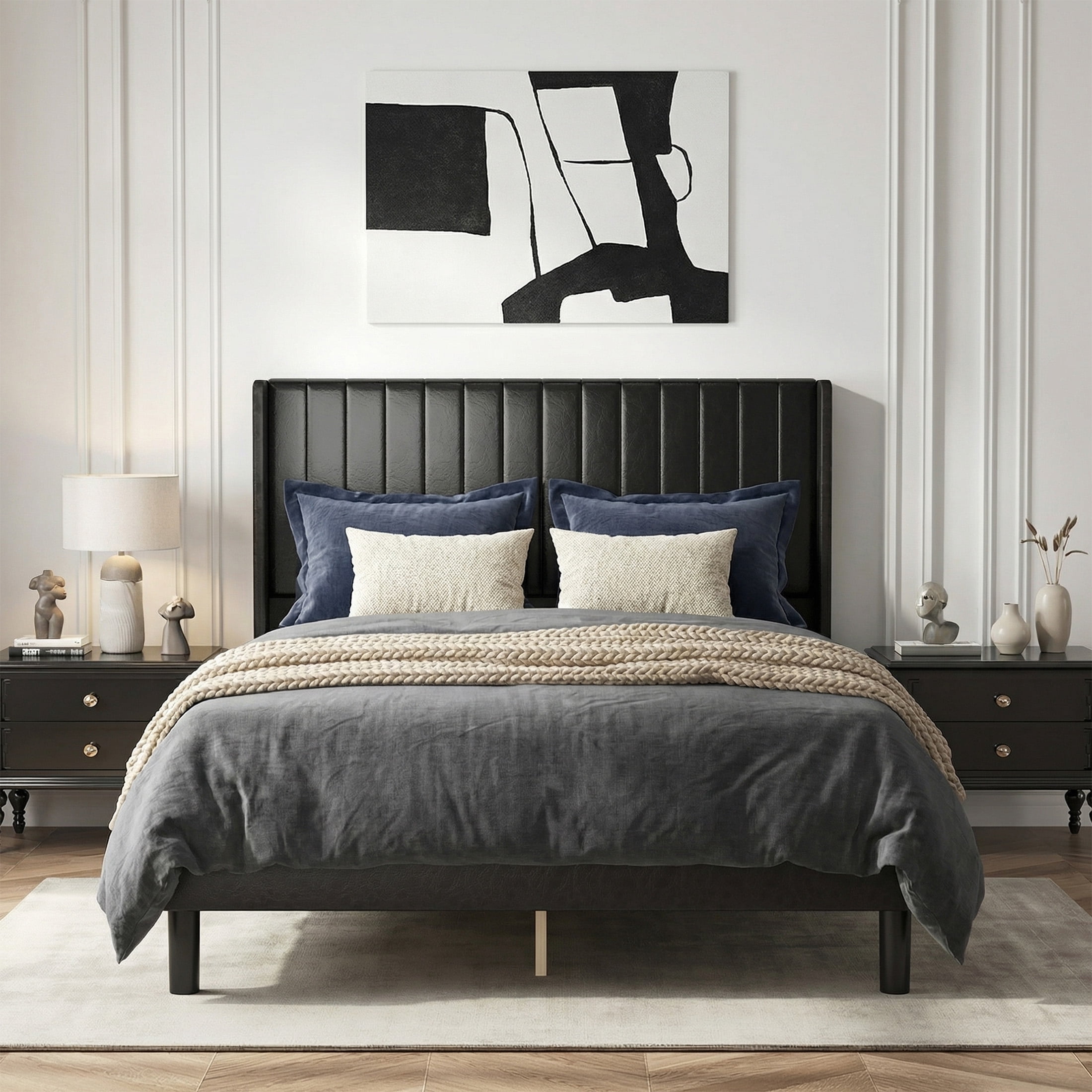 EDX Full Size Upholstered Platform Bed Frame with Padded Wingback Headboard, Modern Accent Bedroom Furniture, Black PU Leather