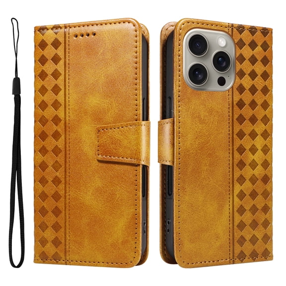 Allytechgroup Case for iPhone 14 Pro Max, Flip Stand Embossed PU Leather Wallet Cover with Cash Pockets/ Credit Card Slots/ Wrist Strap Lanyard/Magnetic Clasp Kickstand Soft TPU Back Shell, Yellow