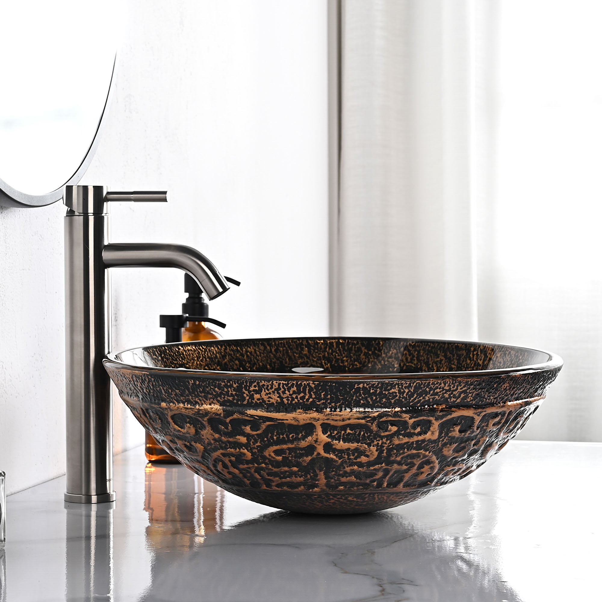 Aquaterior Tempered Glass Round Vessel Sink Antique Totem Pattern Above Counter Bathroom Lavatory Vanity Bowl Basin