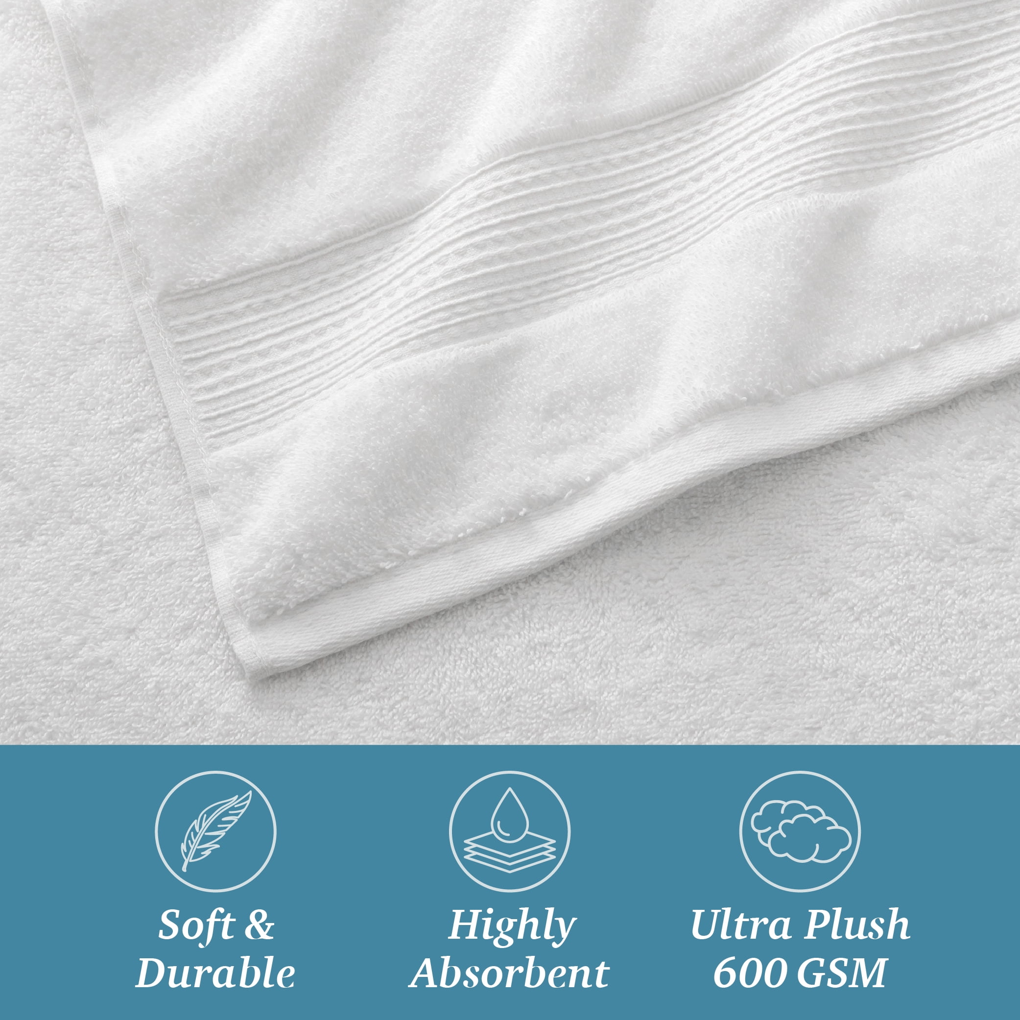 WelHome Large 100% Cotton Towel Set, White, 2 Bath Towels, 2 Hand Towels, 2 Washcloths