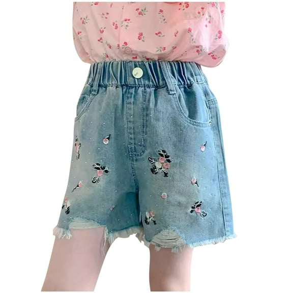 Jeans Shorts for Girls Floral Embroidered Raw-Hem Ripped Denim Shorts Wide Leg Elastic Waist Relaxed Pants, Blue, 8 Years