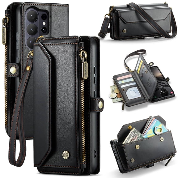 Crossbody for Samsung Galaxy S26 Ultra Case Wallet【RFID Blocking】 with 10-Card Holder Zipper Bills Slot, Soft PU Leather Magnetic Flip Wristlet Shoulder Strap Wallet Case for Women