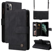 Feishell for iPhone 11 Pro 5.8 inch Zipper Wallet Case with Wrist Strap & Shoulder Strap,Premium PU Leather Magnetic Clasp Flip Holder Card Slots Crossbody Phone Case for Women Men,Black