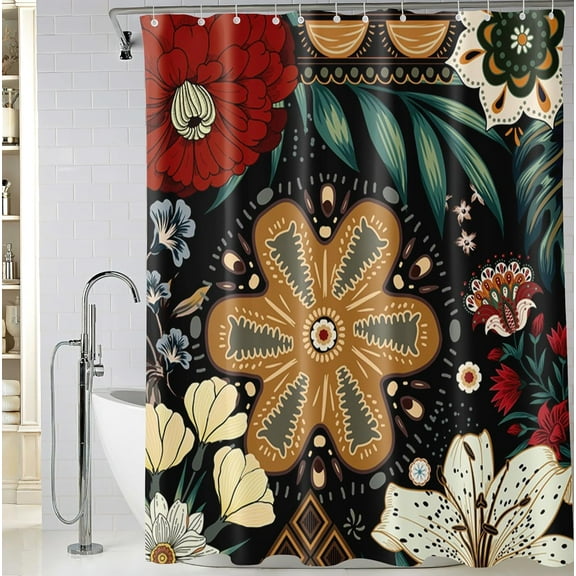 Black Boho Floral Shower Curtain, Bohemian Mandala Flower Bathroom Shower Curtain, Fabric Waterproof Shower Curtain with 12 Hooks, 72 x 72 Inch