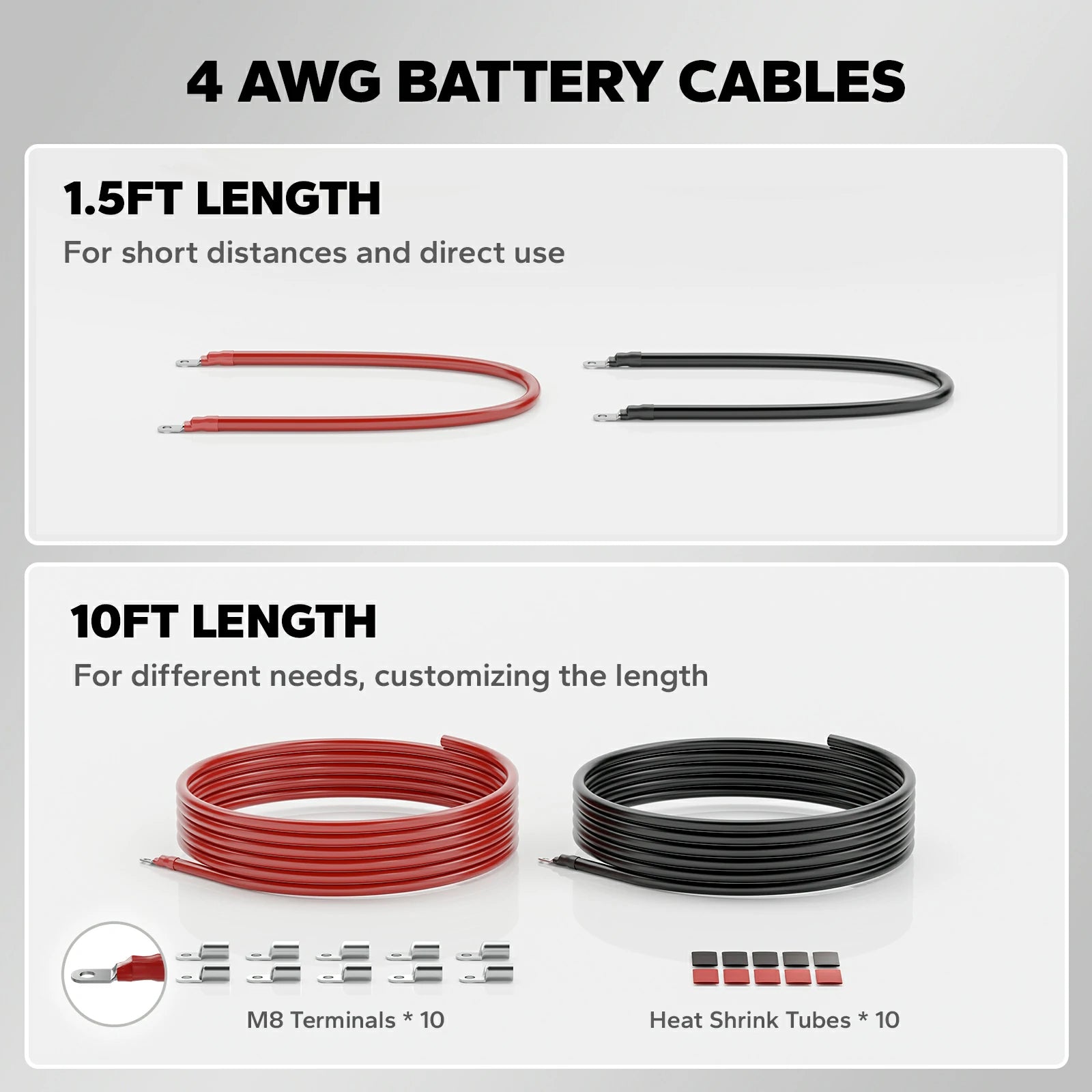 LiTime 4AWG Battery Cables Set, 1.5FT 4 Gauge Wire with M8 Lugs(Both End) for Battery Banks, Inverters, MPPT, DC-DC System, Oxygen-Free Copper Wire for RVs Boats Golf Carts Solar Systems