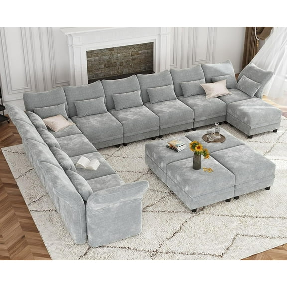 LLappuil Modular Sectional Sofa, 14 Seat Modular Sectional Sofa with 5 Storage Ottoman, 25.6 Deep Seat Chenille Sofa Gray