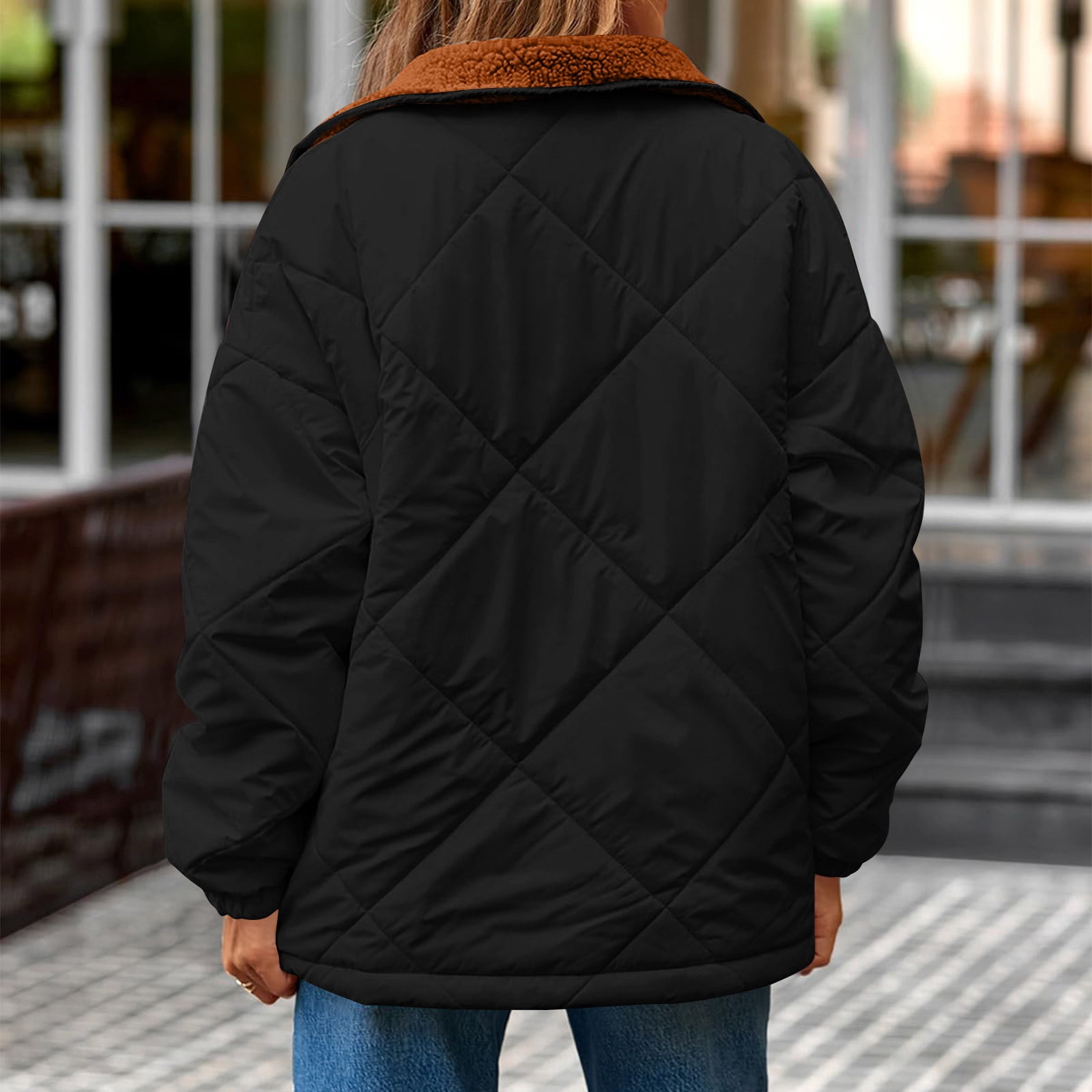 Nfurl Quilted Jackets for Women Zip up Barn Jackets Long Sleeve Winter Outerwear Coats Black XXL