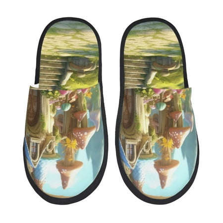 

Fuzoiu Cute Mushroom Town A Print Unisex Furry Slippers Plush Indoor Shoes Trendy House Slippers Anti-Skid EVA Sole House Shoes for Home Office and Travel -Medium