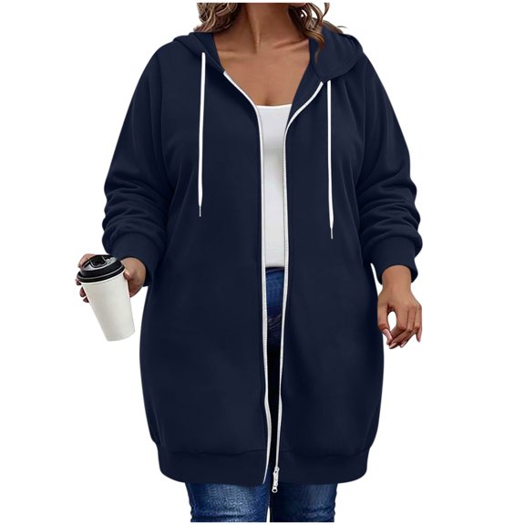 Womens Plus Size Hoodies Long Tunic Loose Fit Zip Up Sweatshirt Drawstring Casual Oversized Comfy Fall Coat with Pockets