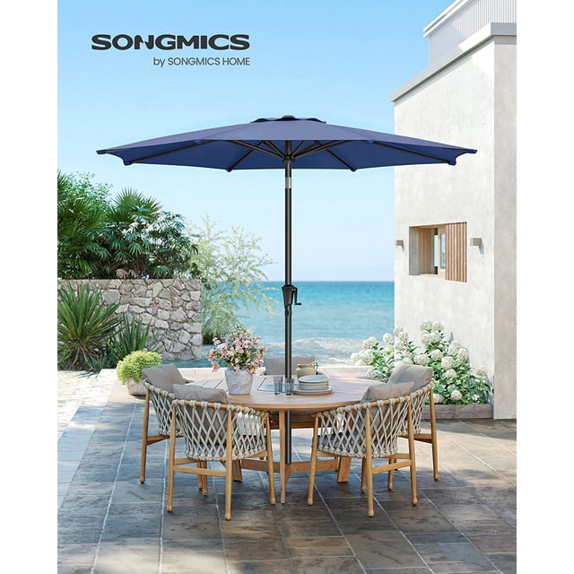 SONGMICS Sombrilla para Patio, Sombrilla de Mesa de Exterior de 2,75m, con 8 costillas, UPF 50+, Inclinación Doble de 30°, Base no Incluida, para Patio, Jardín, Piscina, Azul Lago