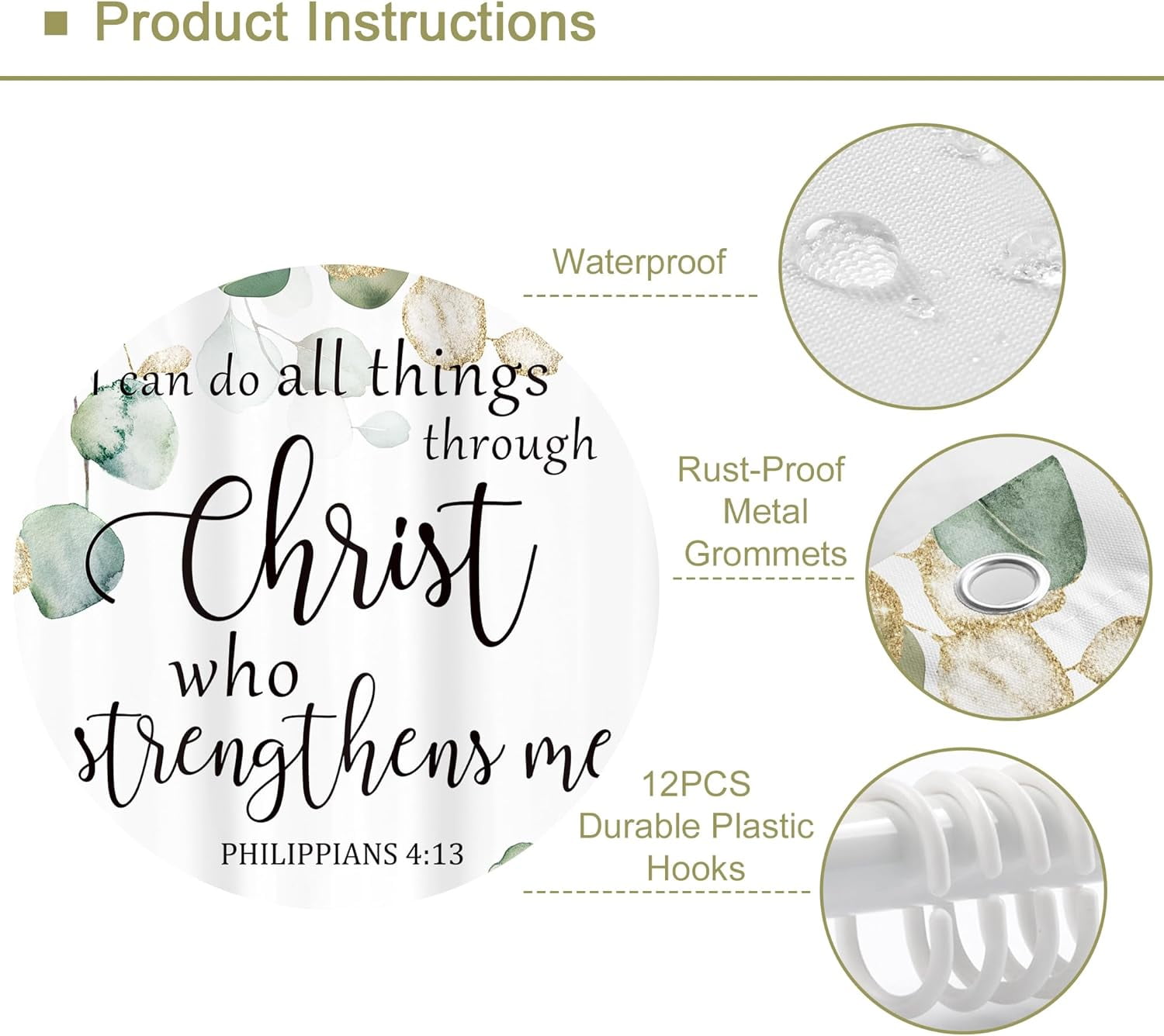 Eucalyptus Bible Verse Shower Curtain Green Leaves Gold Watercolor Plant Christian Quotes Botanical Leaf Scripture with 12 Plastic Hooks Fabric Waterproof Toilet Accessories Decor