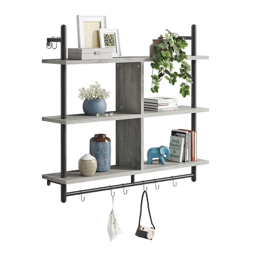 Bestier 41" Industrial Pipe Shelves Wall Mount, 3-Tier Floating Shelves for Kitchen Bedroom Bathroom in Grey