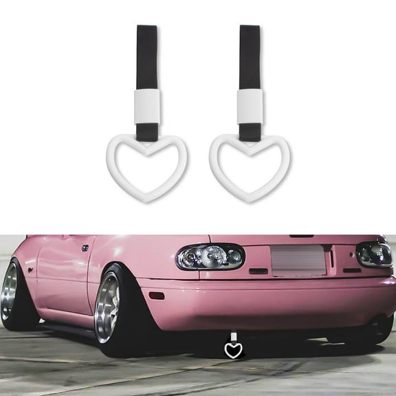 Xotic Tech 2 Pieces JDM Heart Shaped Car Handle Straps, Rear Bumper Warning Loops Heart-Shaped Ring for Cars, SUV, Subway, Bus Interior Exterior Decoration (White)