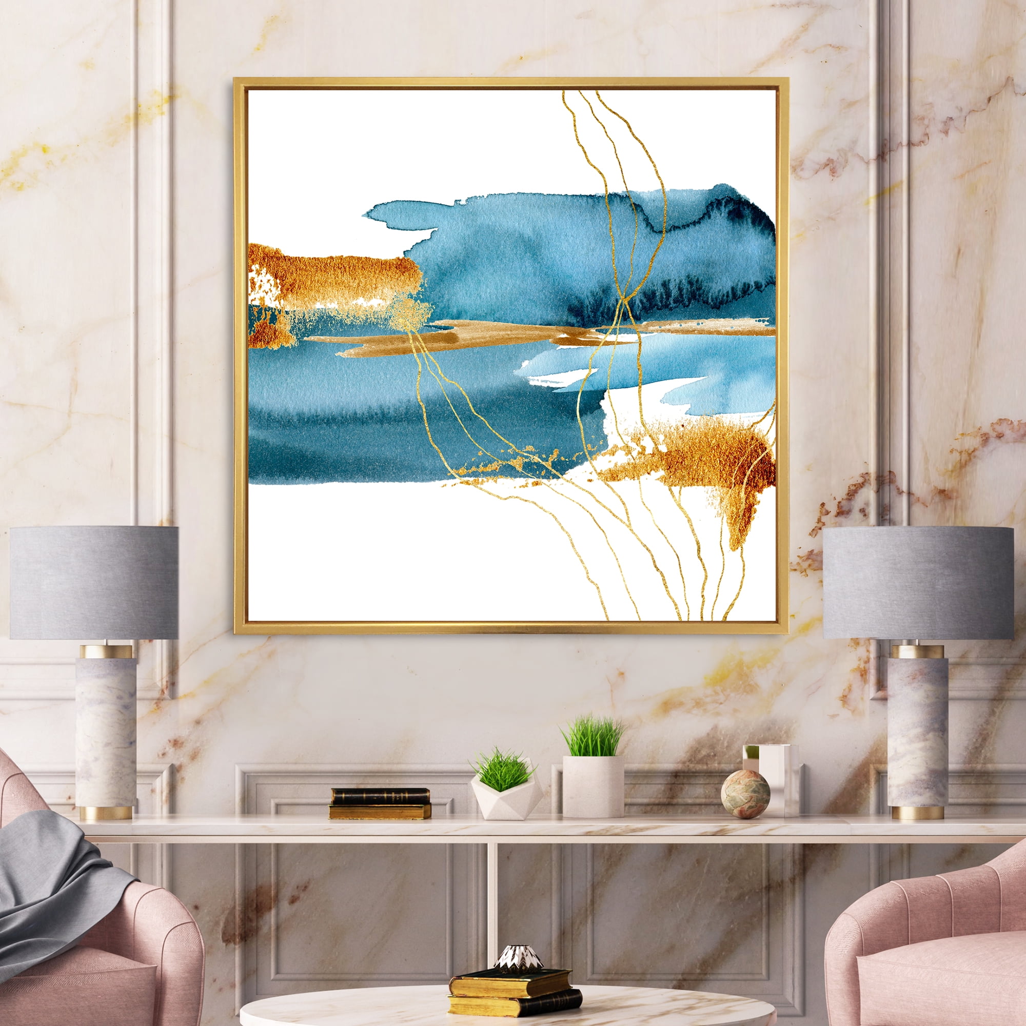 Designart 'Golden Laminaria Branch With Blue Underwater Plant' Modern Framed Canvas Wall Art Print