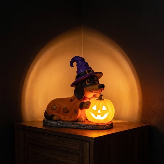 Magical Glow-in-the-Dark Dachshund Witch & Pumpkin Decor Set, Luminous Halloween Night Light Figure for Spooky Indoor Outdoor Yard Garden Display