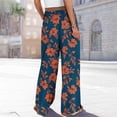 thumbnail image 4 of Qiopertar Women's Casual Printed Pants with Pockets Elastic Waist Drawstring Wide Leg Flare Trousers Loose Fit Split Hem Beach Vacation Travel, Dark Blue XL, 4 of 7