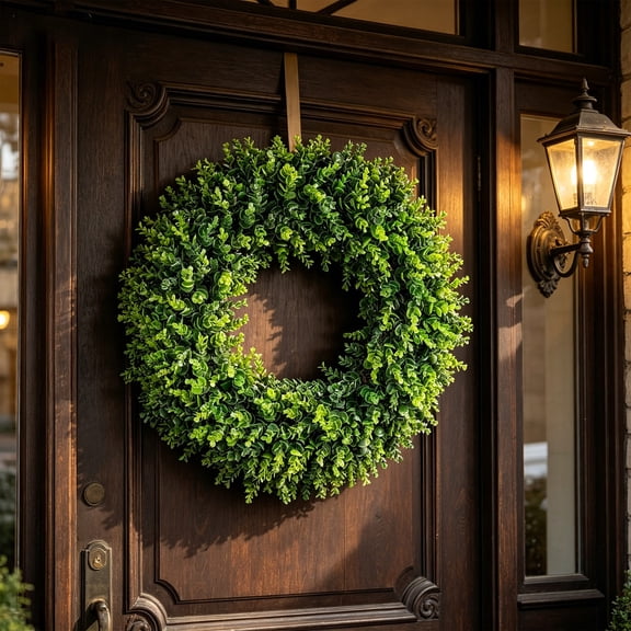 18 Inch Spring Wreaths Boxwood Wreath for Front Door Artificial Green Wreath for Farmhouse Wedding Porch Wall Outdoor Indoor Decorations