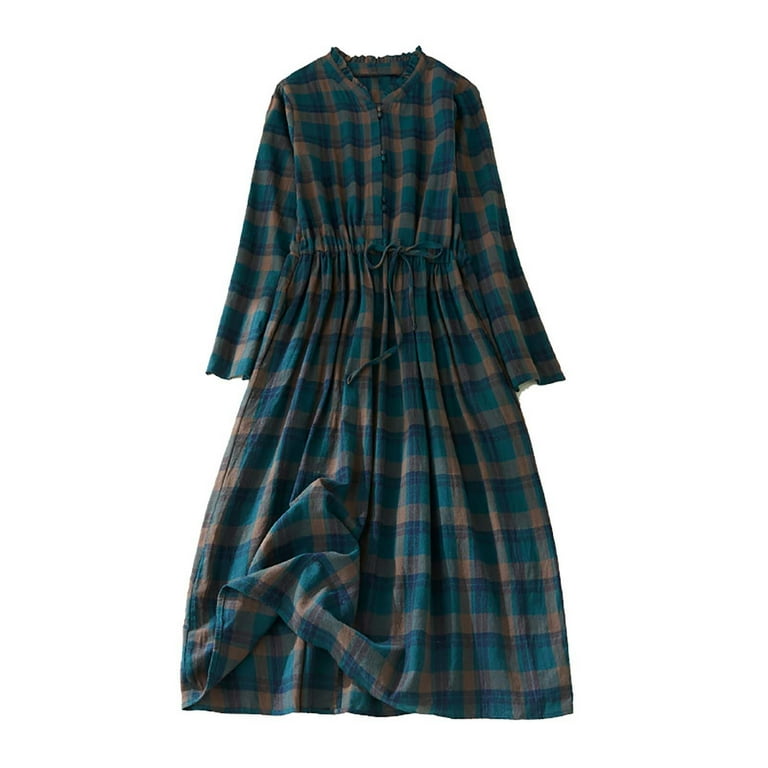 Xysaqa Women s Long Sleeve Plaid Maxi Dress Casual Comfy High Waist Flowy Dress Cute Ruffle Cotton Linen Long Dresses for Women M XXL Walmart