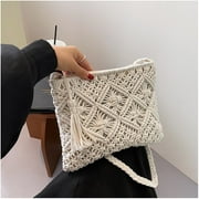 Women Crochet Shoulder Bag, Knitting Handmade Weaving Handbag, Simple Hollow Beach Bag,White
