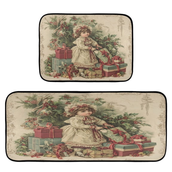 2-Piece Kitchen Rugs Set Non-Slip Mats Carpet Floor for Kitchen, Bathroom (19.7"x27.6" & 19.7"x47.2") Nostalgic Christmas Atmosphere