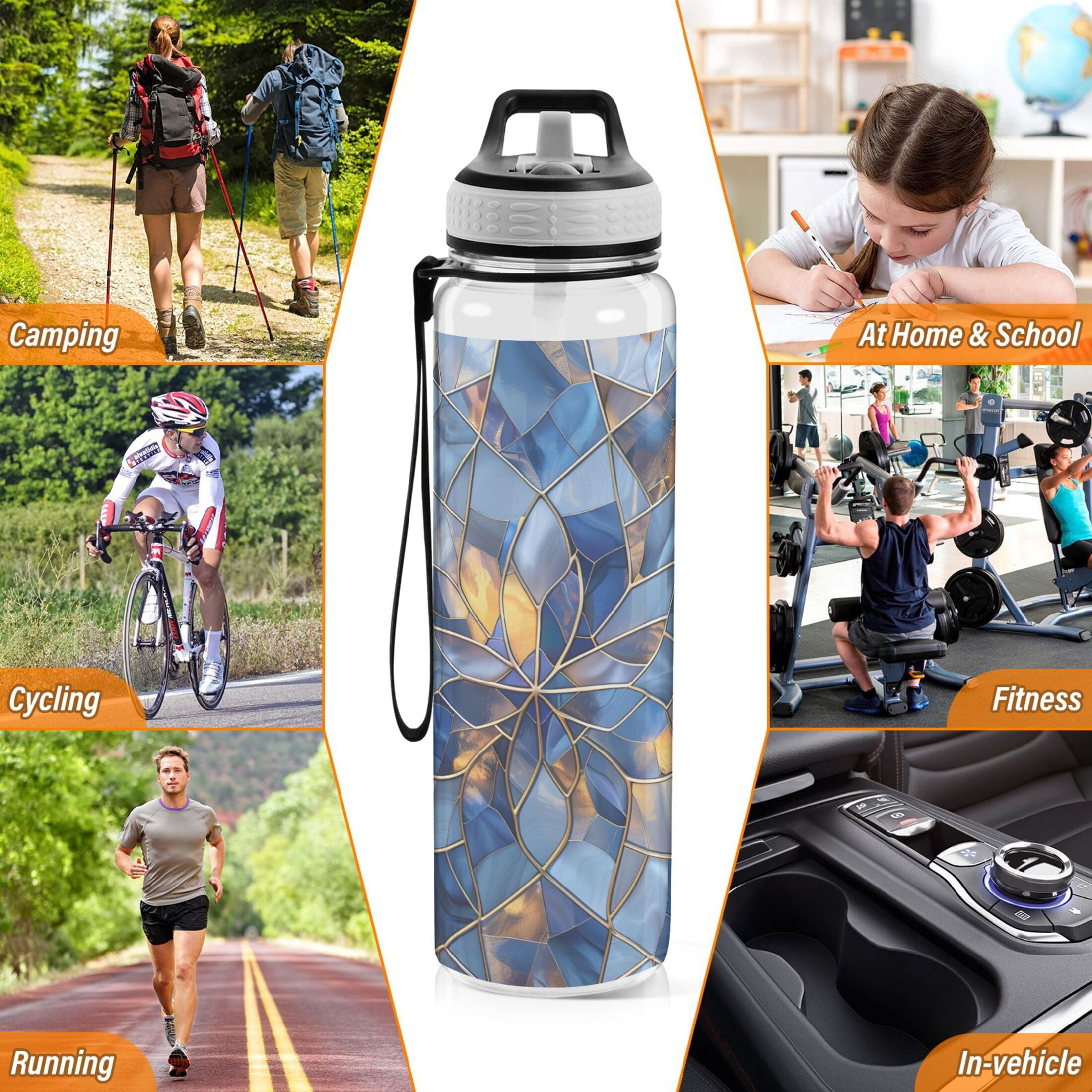 Stained Glass Sports Water Bottle 32oz with Straw for Kids Travel Mug BPA Free Leak Proof for School