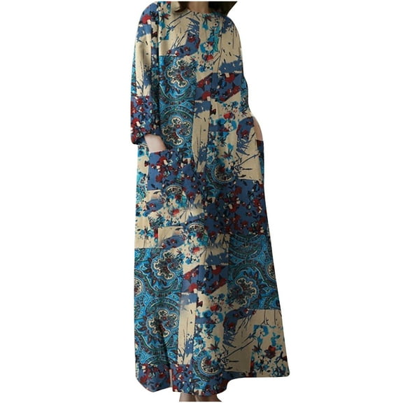 IROINNID Long Sleeve Dress for Women Fall Dress Full-Length Shift Dress Round-Neck Length Sleeve with Pocket Printed Dresses,Blue
