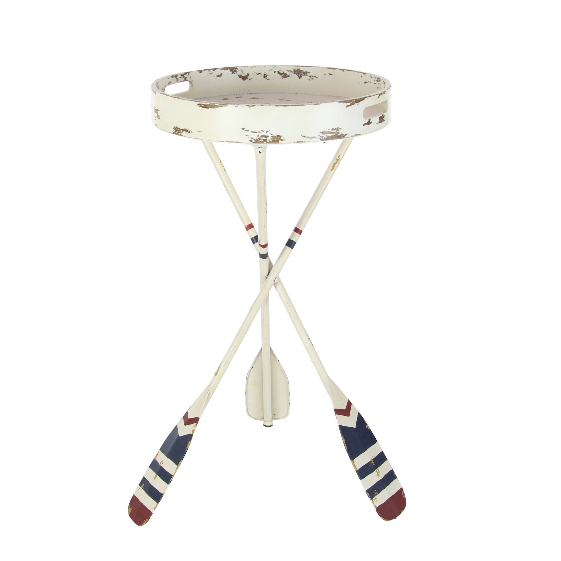 DecMode 16" x 28" White Metal Distressed Striped Paddle Accent Table with Navy and Red Striped Oar Legs, 1-Piece