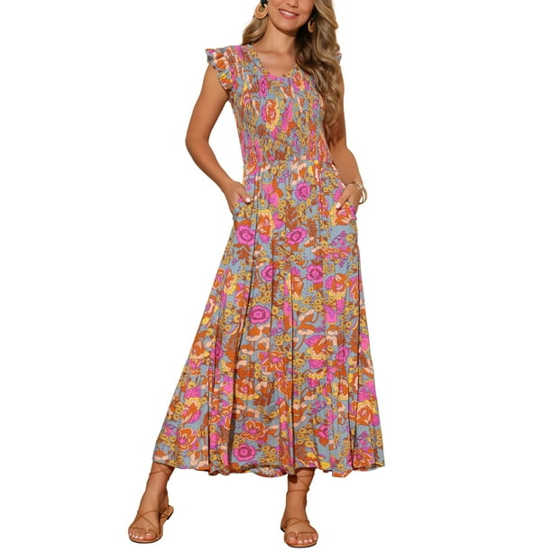 INSPIRAR CHIC Vestidos de Verano para Mujeres Casual con Mangas Cortas en V Cuello Fruncido Floral con Volantes y Capas Fluidas Maxi Vestido de Playa M Gris Verde